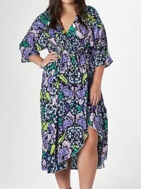 Melissa McCarthy Seven7 - Colorful Floral Purple Bouquet Black Wrap Dress 1X